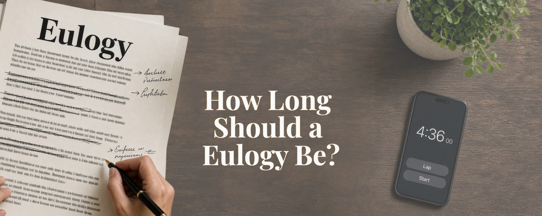 How long should a eulogy be? Text overlaid over an image of a printed eulogy with a smartphone set to the timer screen.