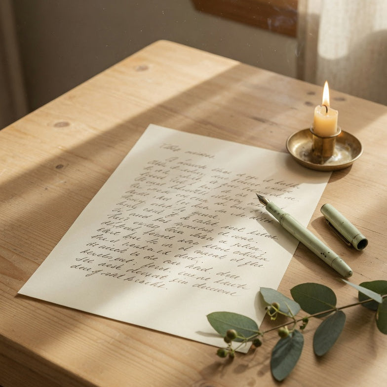Handwritten eulogy on a desk 